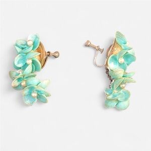Vintage Turquoise Seashell Floral Screw-On Earrings, 1950s–60s
